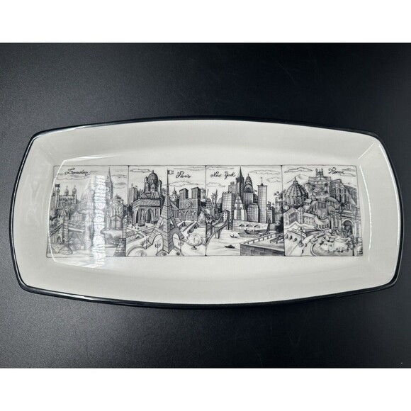 Brunelli Cities London Paris New York Roma Black White Ceramic Rectangular Plate - Picture 4 of 9